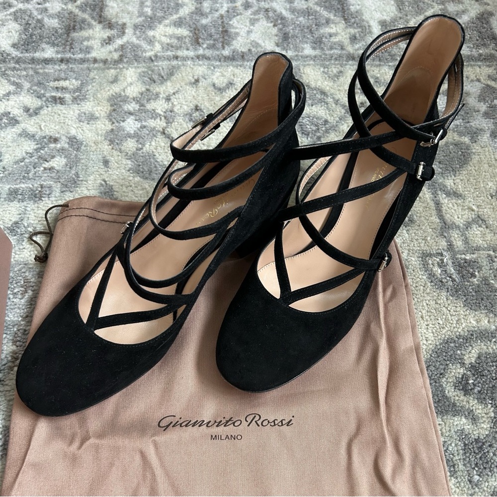 🖤 Gianvito Rossi Black Suede Strappy Block Heel Pumps with Box - Picture 2 of 14